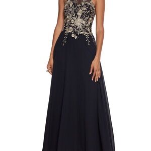 Elegant Black Gown with Gold Floral Embroidery- Betsy & Adam